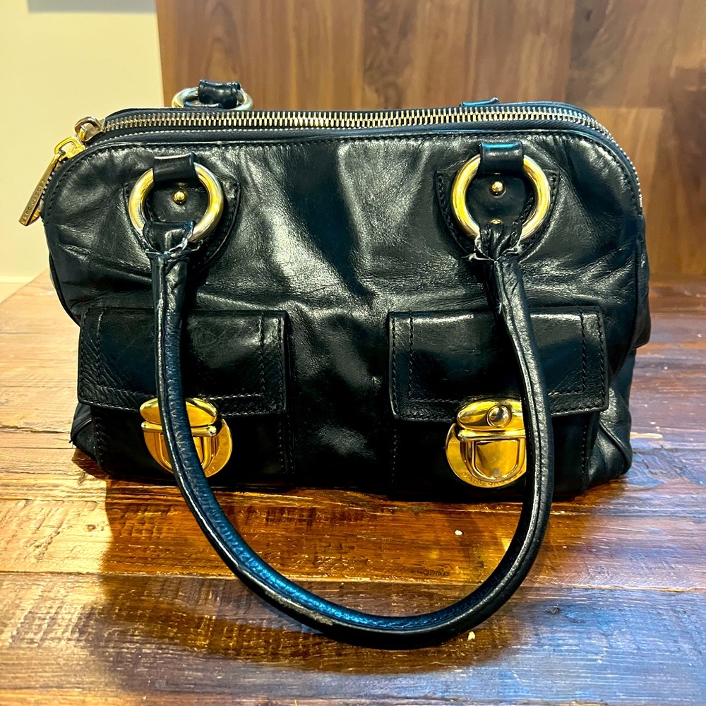 Marc Jacobs Blake Satchel Bag - black leather with gold hardware